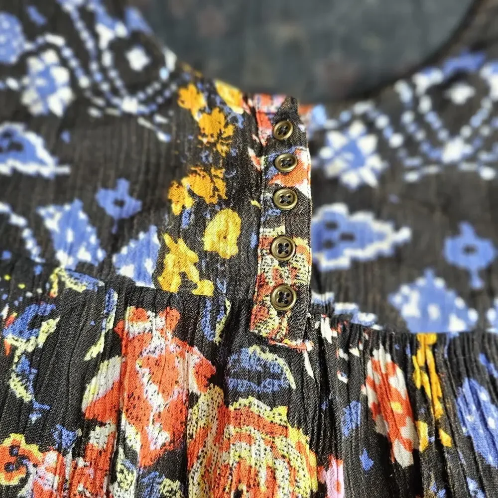 FREE PEOPLE Black Floral Print 3/4 Sleeve Tiered Lined Mini Dress Sz XS Spring